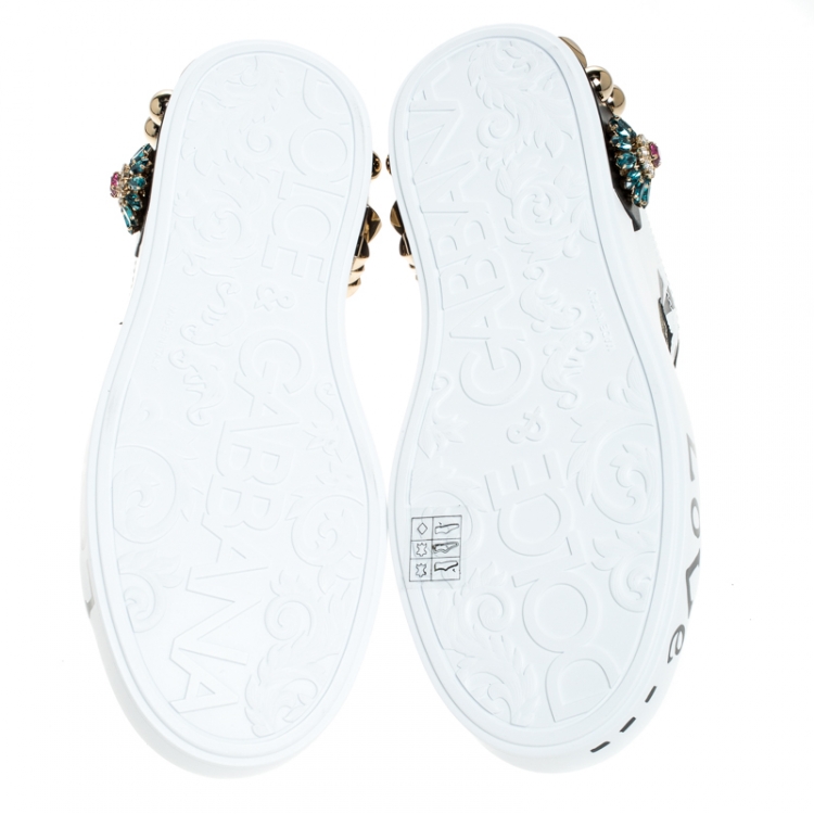 Pre Owned Dolce & Gabbana White/Black Leather Portofin Embellished Low Top Sneakers Size 37
