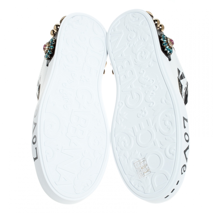 Pre Owned Dolce and Gabbana White/Black Leather Portofin Embellished Low Top Sneakers Size 40