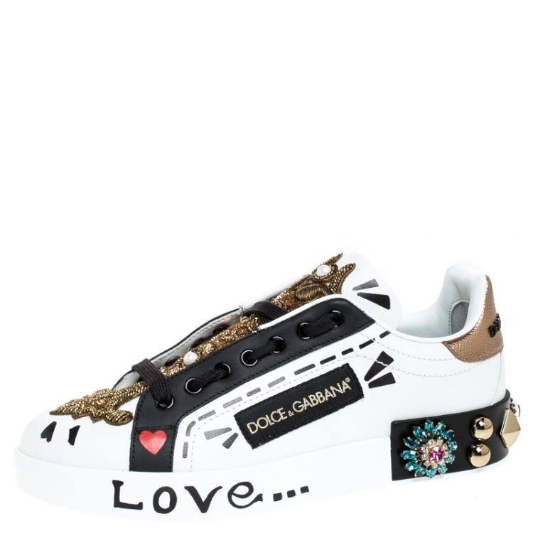 Pre Owned Dolce and Gabbana White/Black Leather Portofin Embellished Low Top Sneakers Size 40