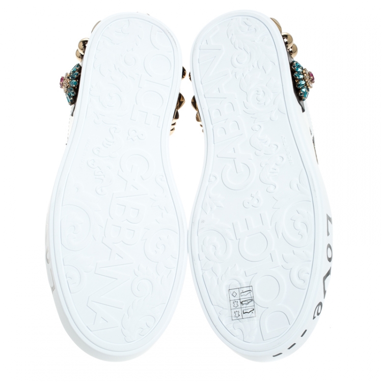 Pre Owned Dolce and Gabbana White/Black Leather Portofin Embellished Low Top Sneakers Size 38.5