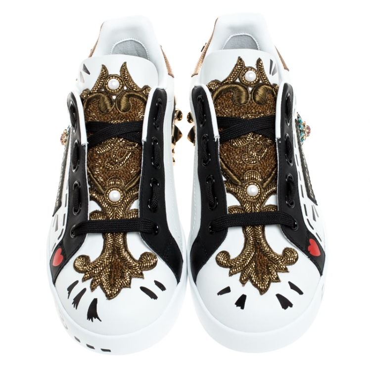 Pre Owned Dolce and Gabbana White/Black Leather Portofin Embellished Low Top Sneakers Size 38.5
