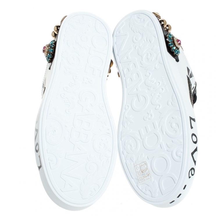 Pre Owned Dolce and Gabbana White/Black Leather Portofin Embellished Low Top Sneakers Size 38