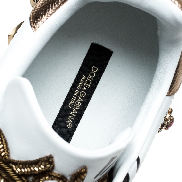 Pre Owned Dolce and Gabbana White/Black Leather Portofin Embellished Low Top Sneakers Size 38