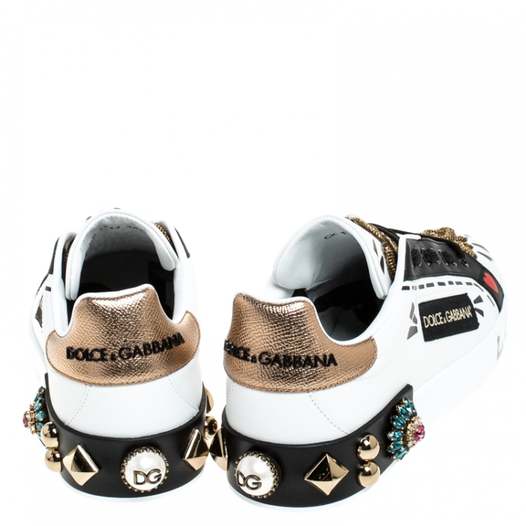 Pre Owned Dolce and Gabbana White/Black Leather Portofin Embellished Low Top Sneakers Size 38