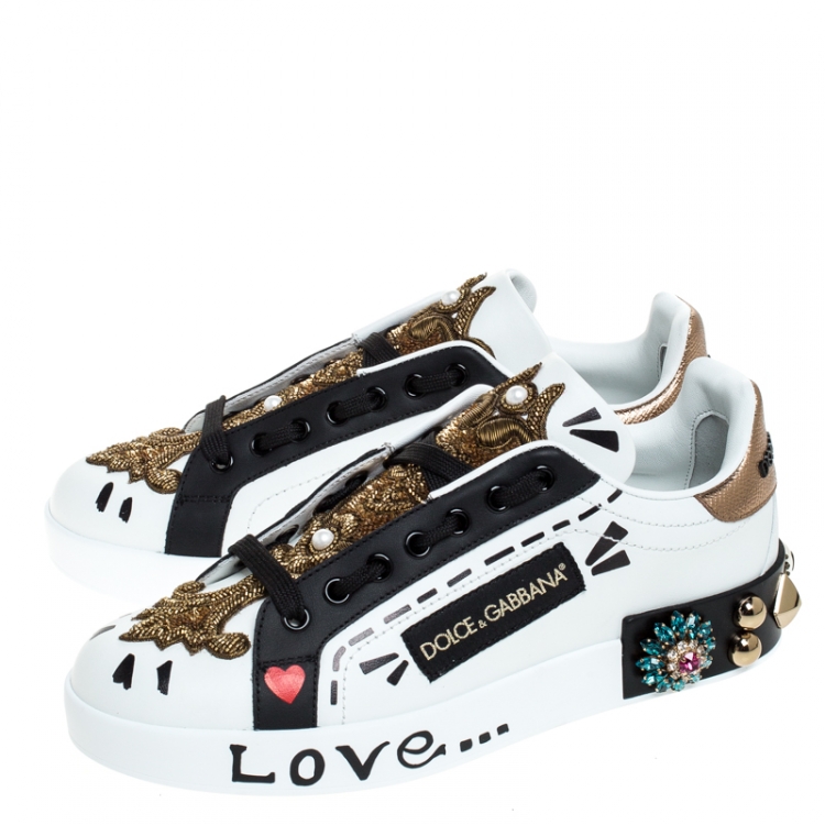 Pre Owned Dolce and Gabbana White/Black Leather Portofin Embellished Low Top Sneakers Size 38