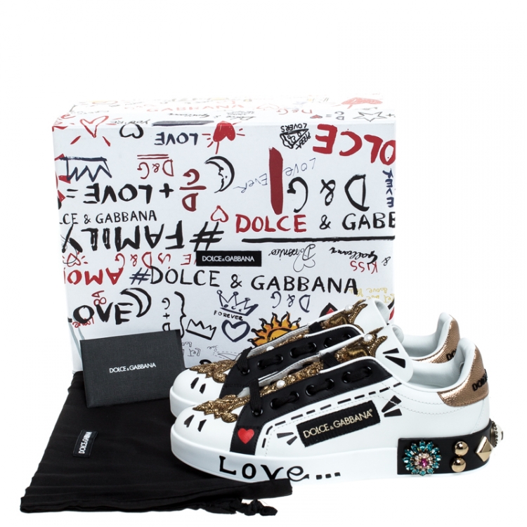 Pre Owned Dolce and Gabbana White/Black Leather Portofin Embellished Low Top Sneakers Size 38