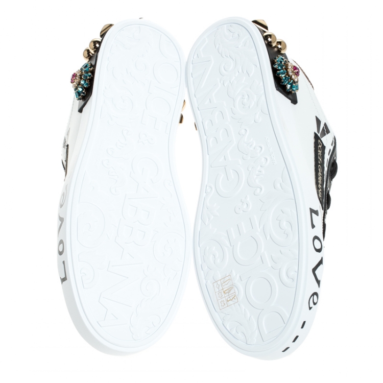 Pre Owned Dolce and Gabbana White/Black Leather Portofin Embellished Low Top Sneakers Size 39