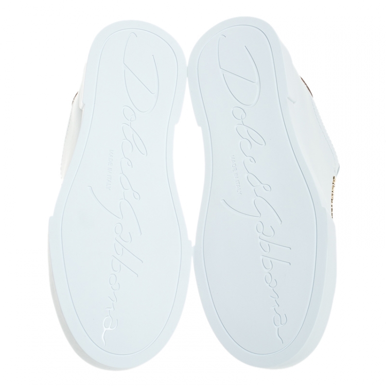 مملوكة مسبقًا Dolce and Gabbana White/Gold Leather Portofino Pearl Embellished Low Top Sneakers Size 35.5