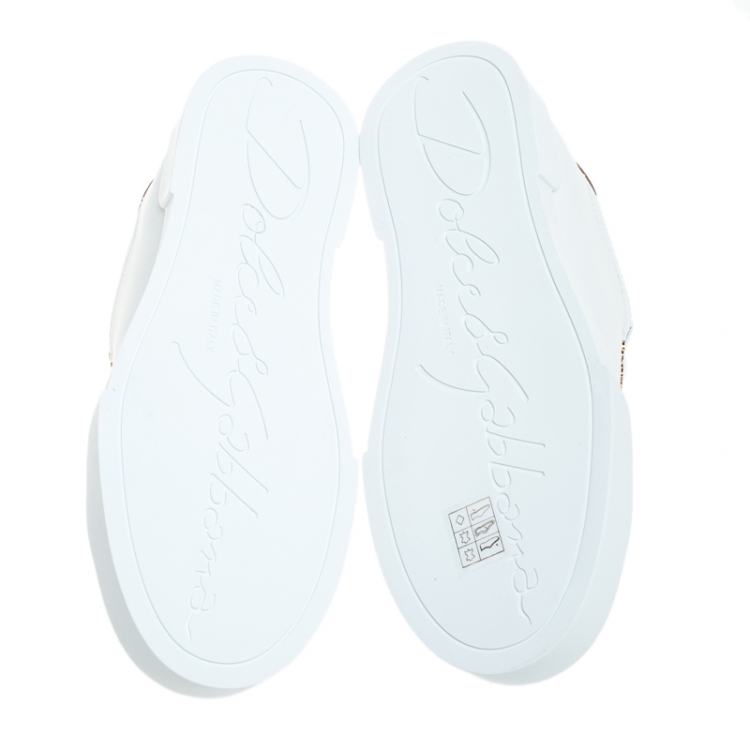 Pre Owned Dolce and Gabbana White/Gold Leather Portofino Pearl Embellished Low Top Sneakers Size 36.5