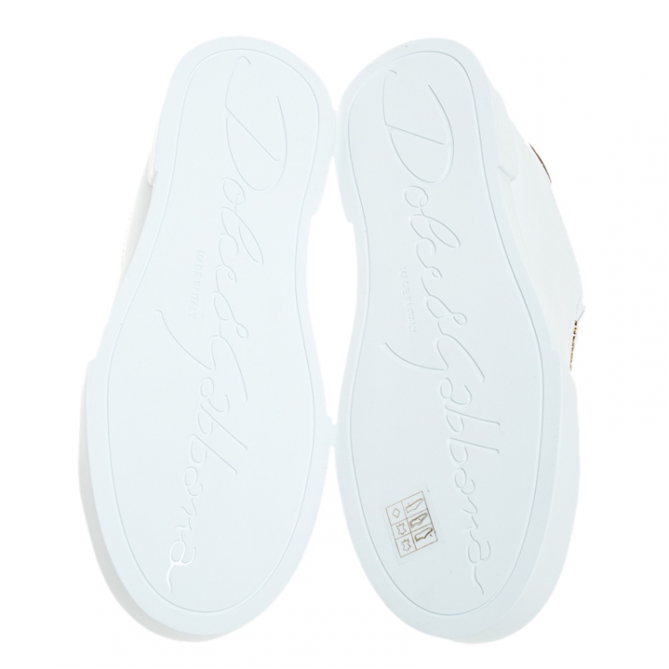 Pre Owned Dolce and Gabbana White/Gold Leather Portofino Pearl Embellished Low Top Sneakers Size 37.5