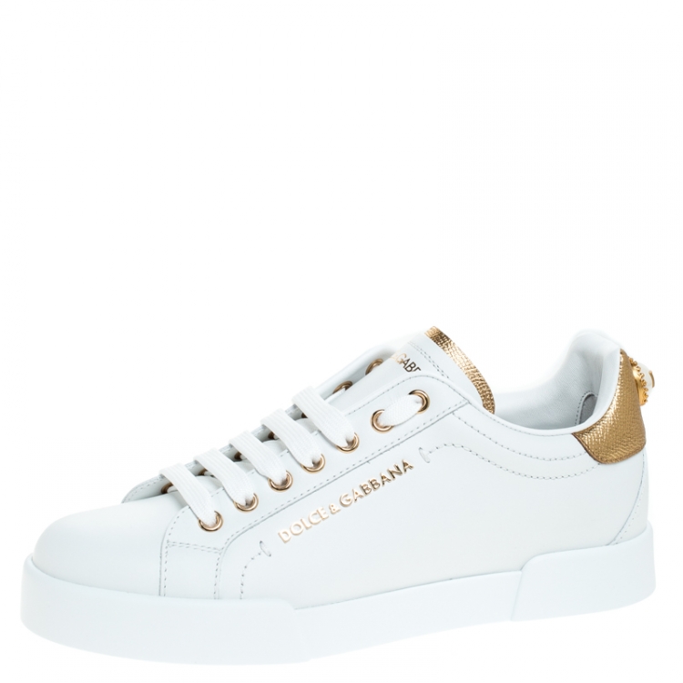Pre Owned Dolce and Gabbana White/Gold Leather Portofino Pearl Embellished Low Top Sneakers Size 37.5