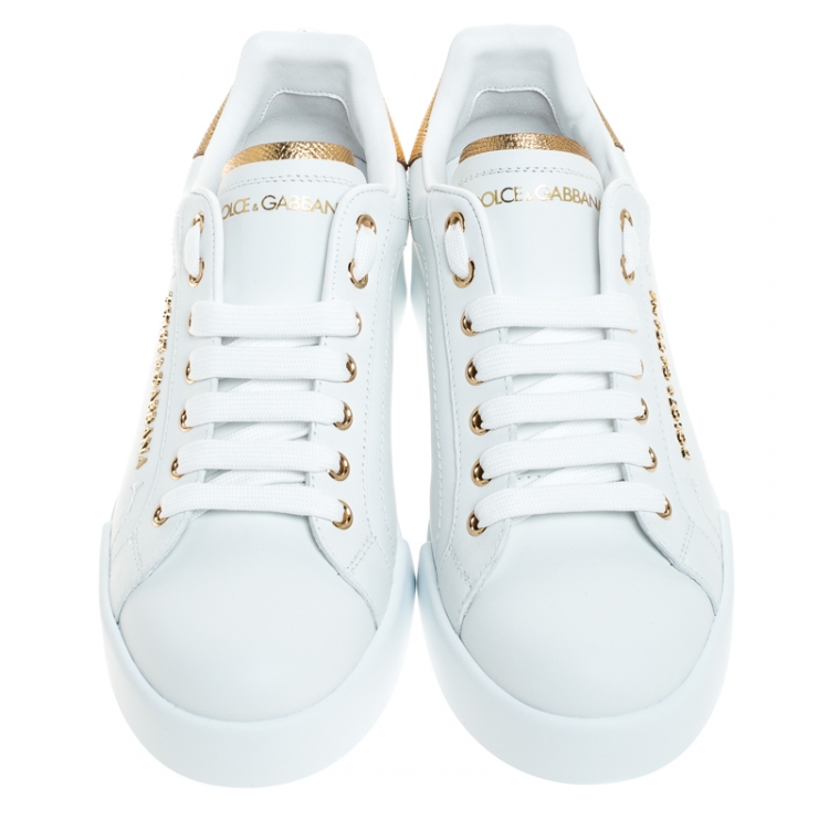 Pre Owned Dolce and Gabbana White/Gold Leather Portofino Pearl Embellished Low Top Sneakers Size 37.5