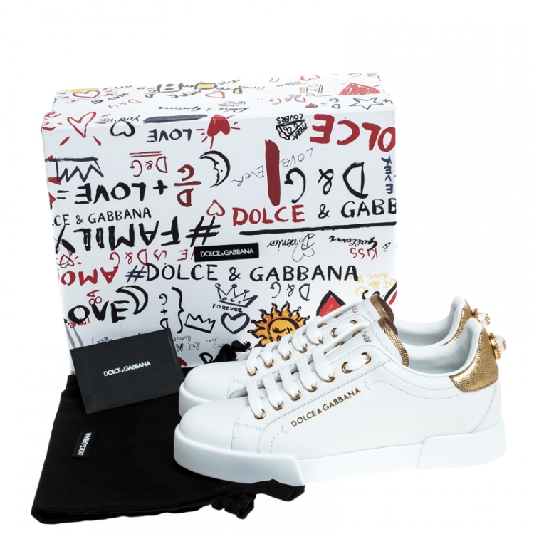 Pre Owned Dolce and Gabbana White/Gold Leather Portofino Pearl Embellished Low Top Sneakers Size 37.5