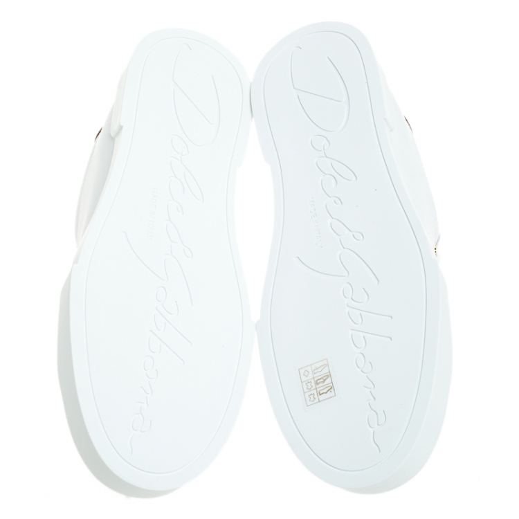 Pre Owned Dolce and Gabbana White/Gold Leather Portofino Pearl Embellished Low Top Sneakers Size 40