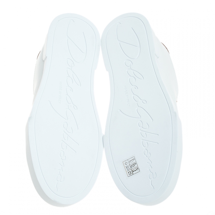 Pre Owned Dolce and Gabbana White/Gold Leather Portofino Pearl Embellished Low Top Sneakers Size 39