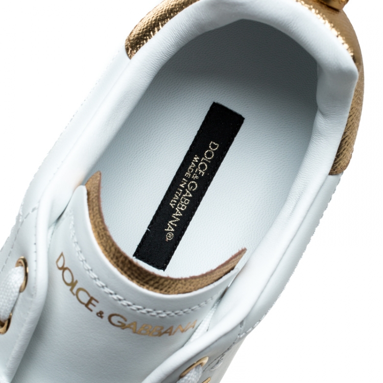 Pre Owned Dolce and Gabbana White/Gold Leather Portofino Pearl Embellished Low Top Sneakers Size 39