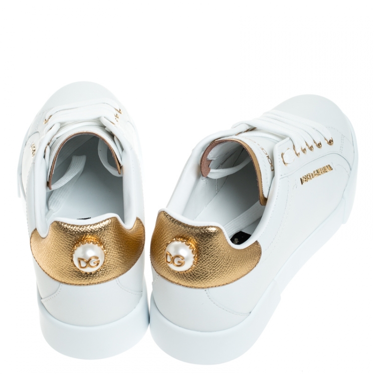 Pre Owned Dolce and Gabbana White/Gold Leather Portofino Pearl Embellished Low Top Sneakers Size 39