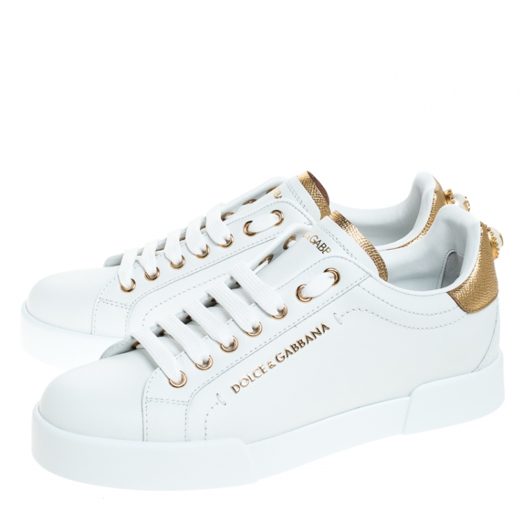 Pre Owned Dolce and Gabbana White/Gold Leather Portofino Pearl Embellished Low Top Sneakers Size 39