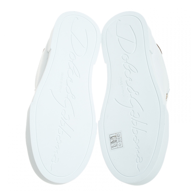 Pre Owned  Dolce and Gabbana White/Gold Leather Portofino Pearl Embellished Low Top Sneakers Size 37