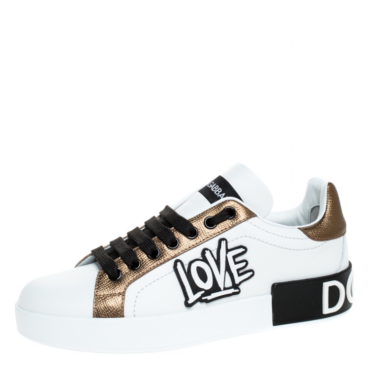 مملوكة مسبقًا Dolce and Gabbana White/Gold Leather Portofino Low Top Sneakers Size 37.5
