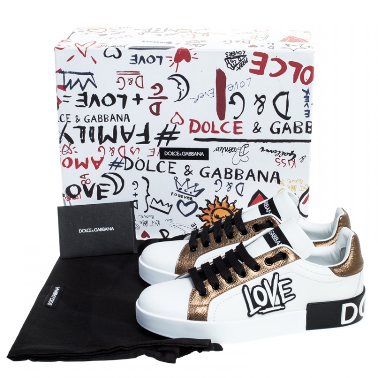 مملوكة مسبقًا Dolce and Gabbana White/Gold Leather Portofino Low Top Sneakers Size 37.5