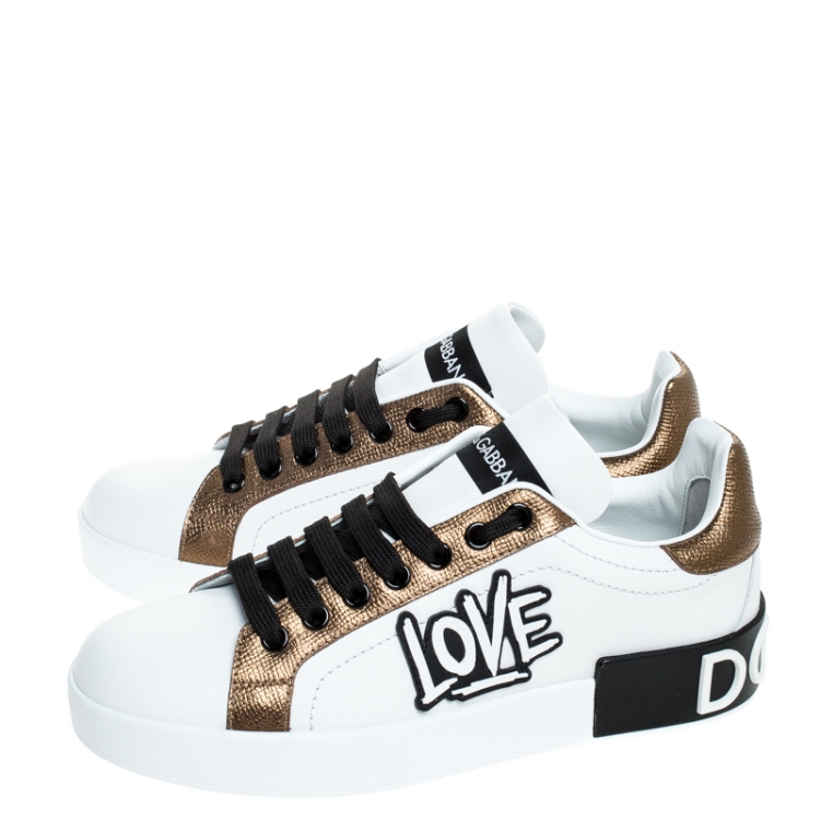 مملوكة مسبقًا Dolce & Gabbana White/Gold Leather Portofino Low Top Sneakers Size 38.5