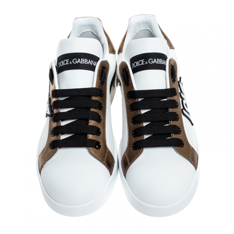 Pre Owned Dolce and Gabbana White/Gold Leather Portofino Low Top Sneakers Size 35.5