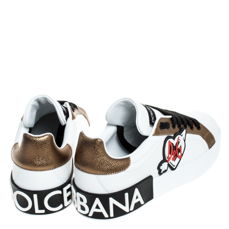 Pre Owned Dolce and Gabbana White/Gold Leather Portofino Low Top Sneakers Size 35.5