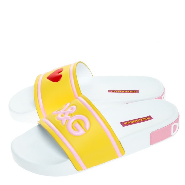 Pre Owned Dolce and Gabbana Yellow/Pink Rubber I Love Flat Slides Size 40