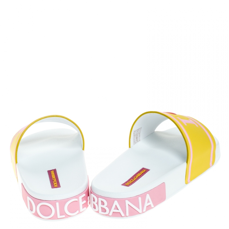 Pre Owned Dolce and Gabbana Yellow/PInk Rubber I Love Flat Slides Size 38