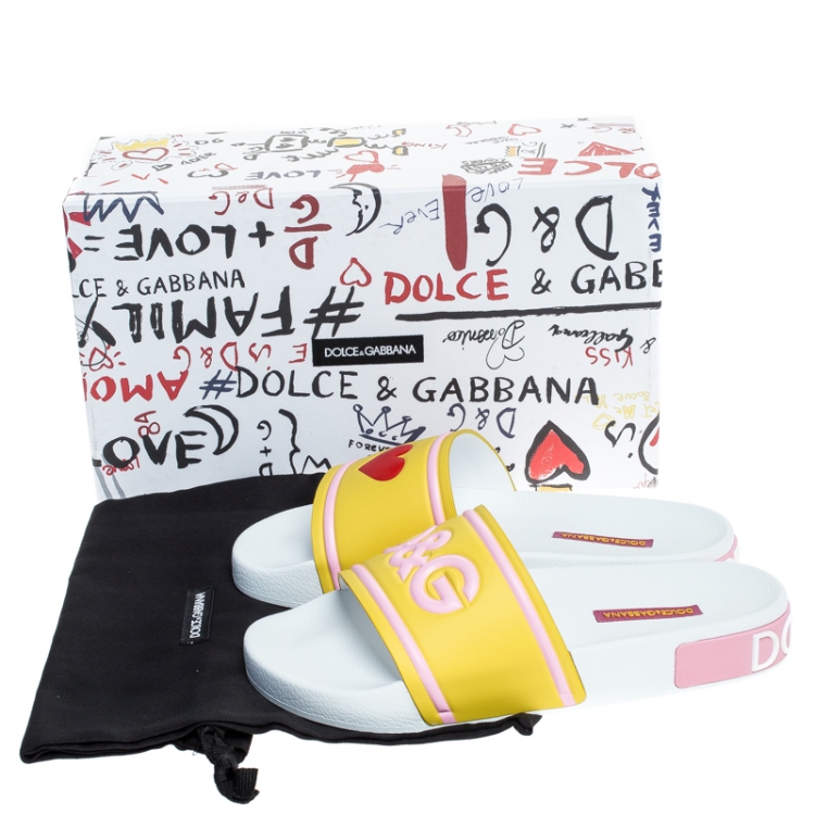 Pre Owned Dolce and Gabbana Yellow/PInk Rubber I Love Flat Slides Size 38
