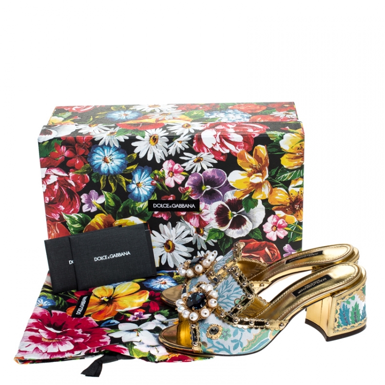Pre Owned  Dolce and Gabbana Multicolor Brocade Fabric And Patent Leather Trim Crystal Embellished Open Toe Sandals Size 40