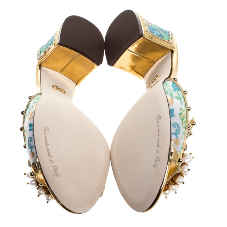 Pre Owned  Dolce and Gabbana Multicolor Brocade Fabric And Patent Leather Trim Crystal Embellished Open Toe Sandals Size 40