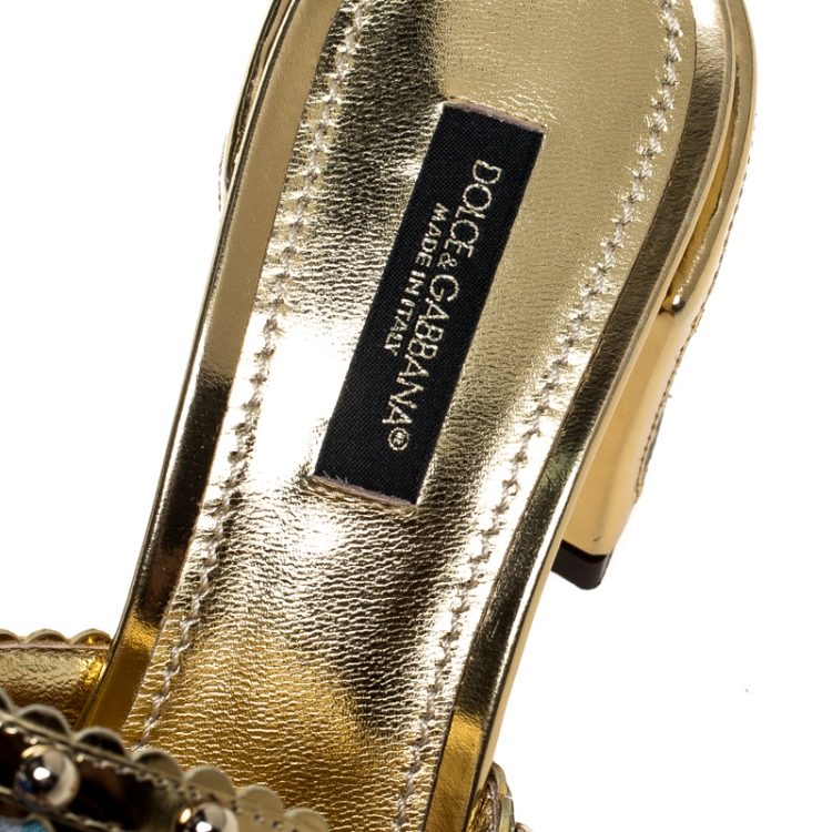 Pre Owned  Dolce and Gabbana Multicolor Brocade Fabric And Patent Leather Trim Crystal Embellished Open Toe Sandals Size 40