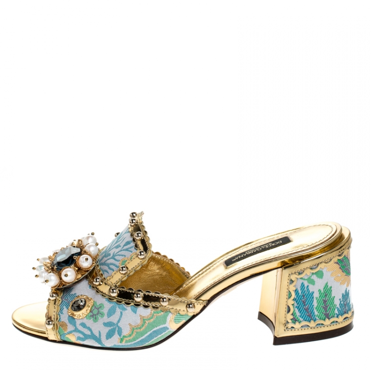 Pre Owned  Dolce and Gabbana Multicolor Brocade Fabric And Patent Leather Trim Crystal Embellished Open Toe Sandals Size 40