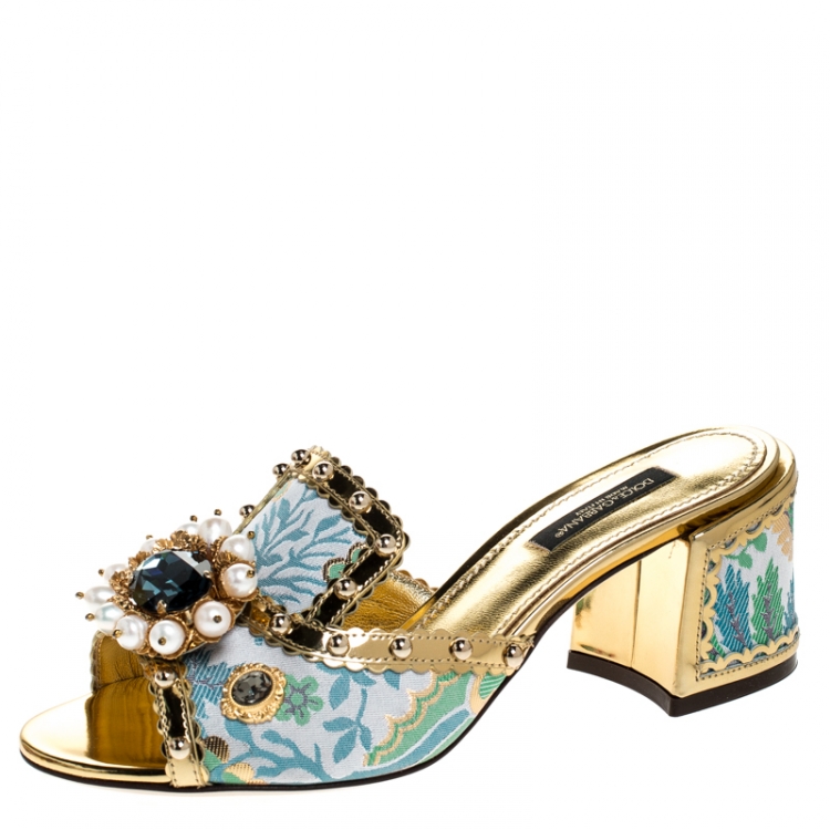 Pre Owned  Dolce and Gabbana Multicolor Brocade Fabric And Patent Leather Trim Crystal Embellished Open Toe Sandals Size 40