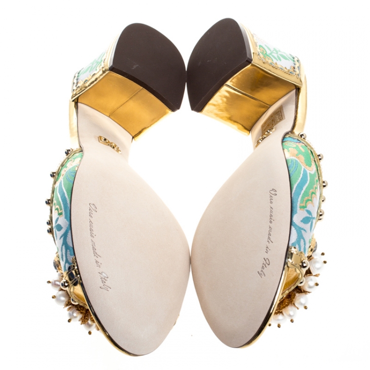 Pre Owned  Dolce and Gabbana Multicolor Brocade Fabric And Patent Leather Trim Crystal Embellished Open Toe Sandals Size 39