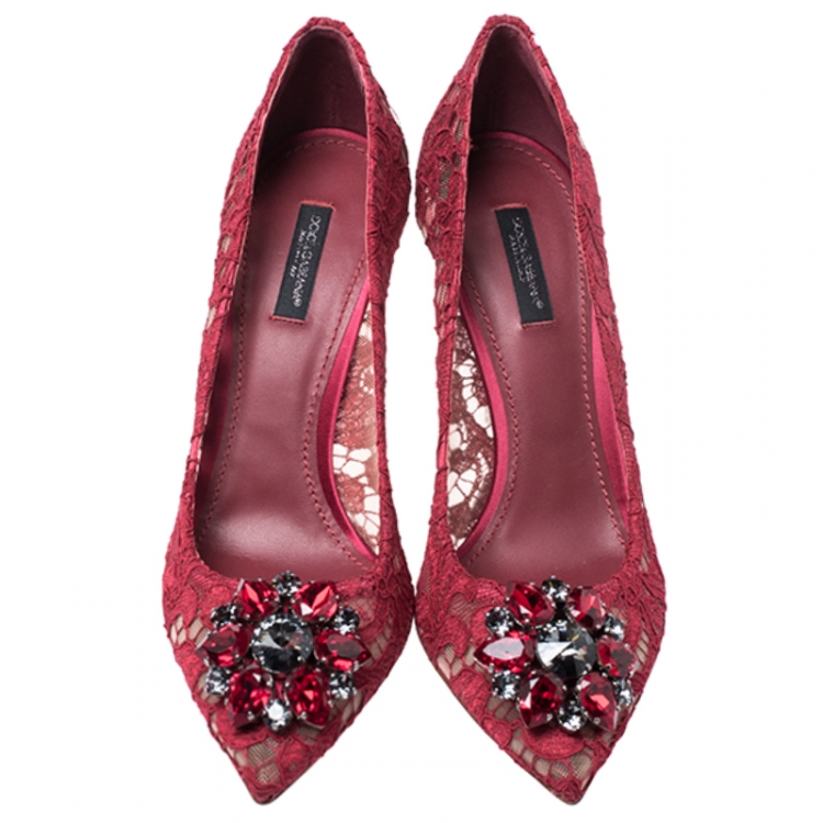 Pre Owned Dolce and Gabbana Red Crystal Embellished Lace Belluci Pumps Size 39