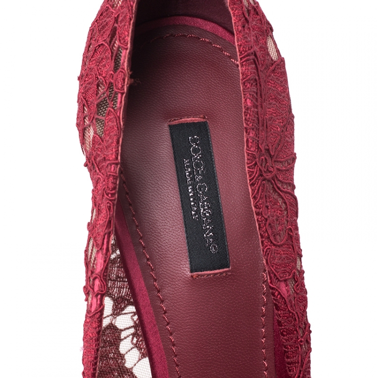 Pre Owned Dolce and Gabbana Red Crystal Embellished Lace Belluci Pumps Size 39