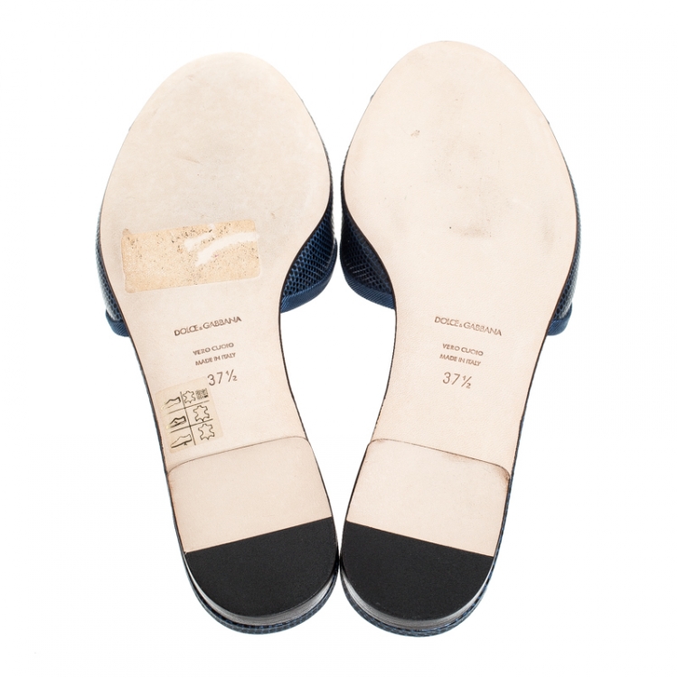 Pre Owned Dolce and Gabbana Blue Lizard Embossed Leather Sofia Slides Size 37.5