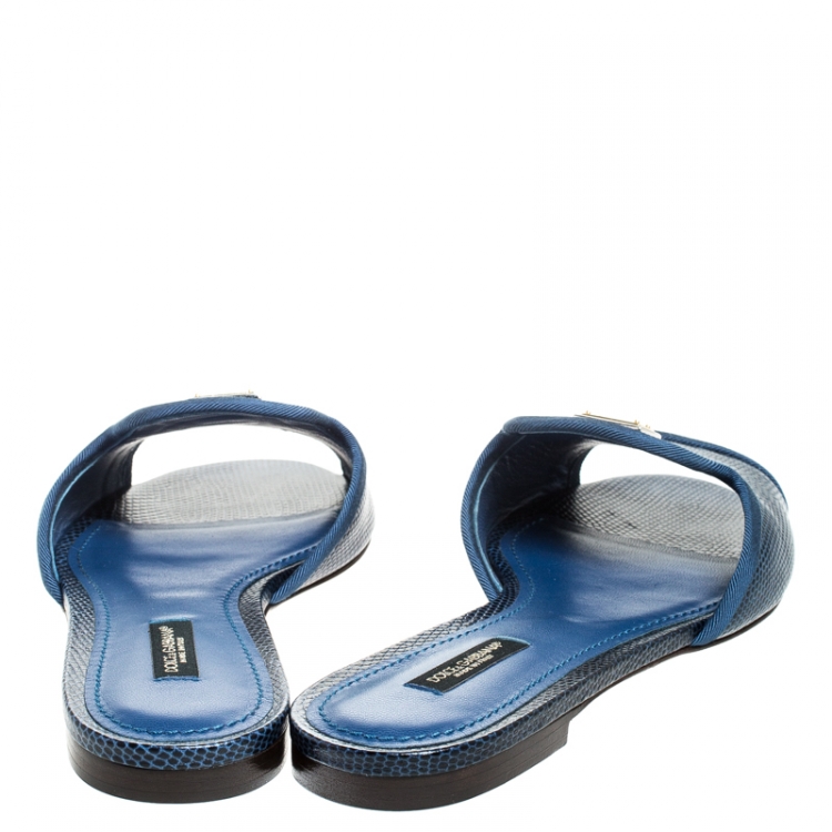 Pre Owned Dolce and Gabbana Blue Lizard Embossed Leather Sofia Slides Size 37.5