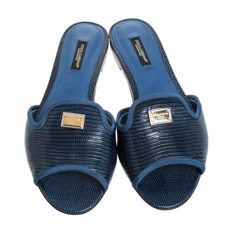 Pre Owned Dolce and Gabbana Blue Lizard Embossed Leather Sofia Slides Size 37.5
