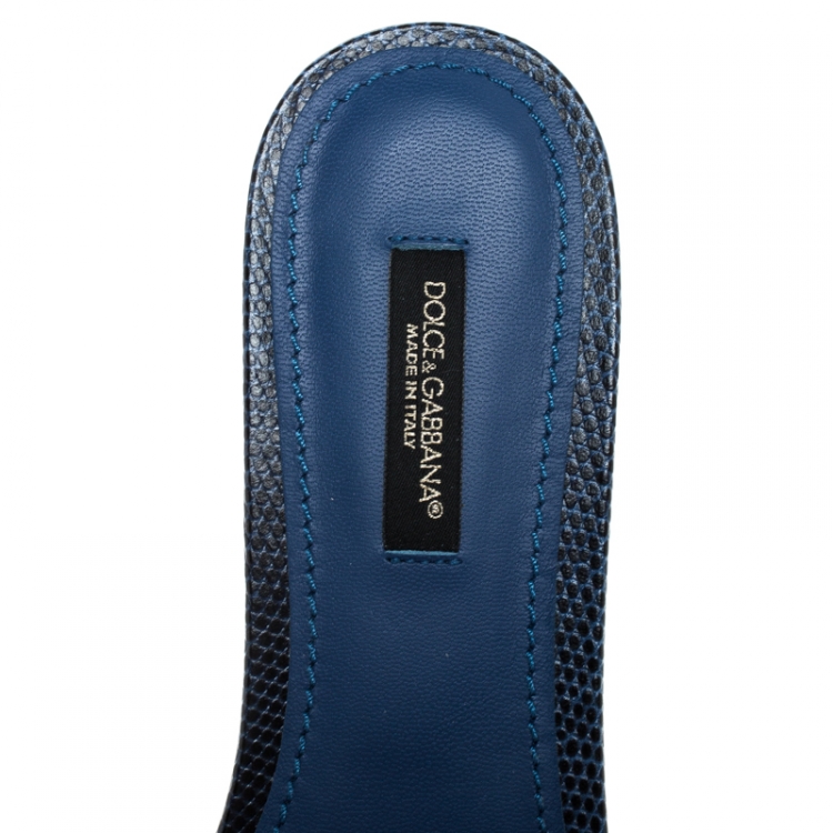 Pre Owned Dolce and Gabbana Blue Lizard Embossed Leather Sofia Slides Size 37.5