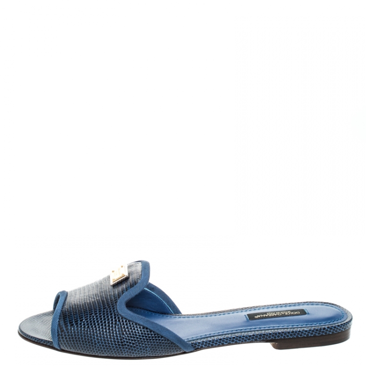 Pre Owned Dolce and Gabbana Blue Lizard Embossed Leather Sofia Slides Size 37.5