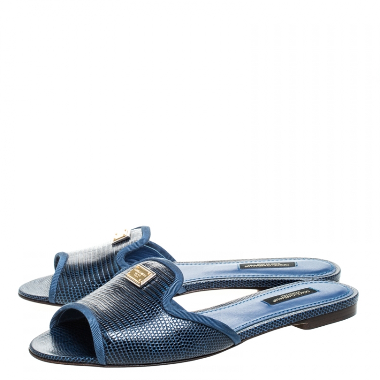 Pre Owned Dolce and Gabbana Blue Lizard Embossed Leather Sofia Slides Size 37.5
