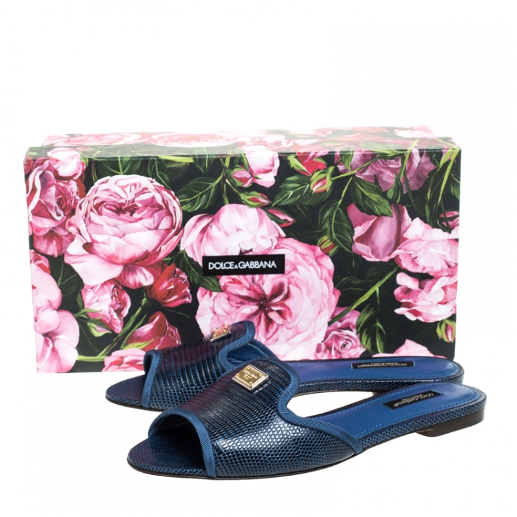 Pre Owned Dolce and Gabbana Blue Lizard Embossed Leather Sofia Slides Size 37.5