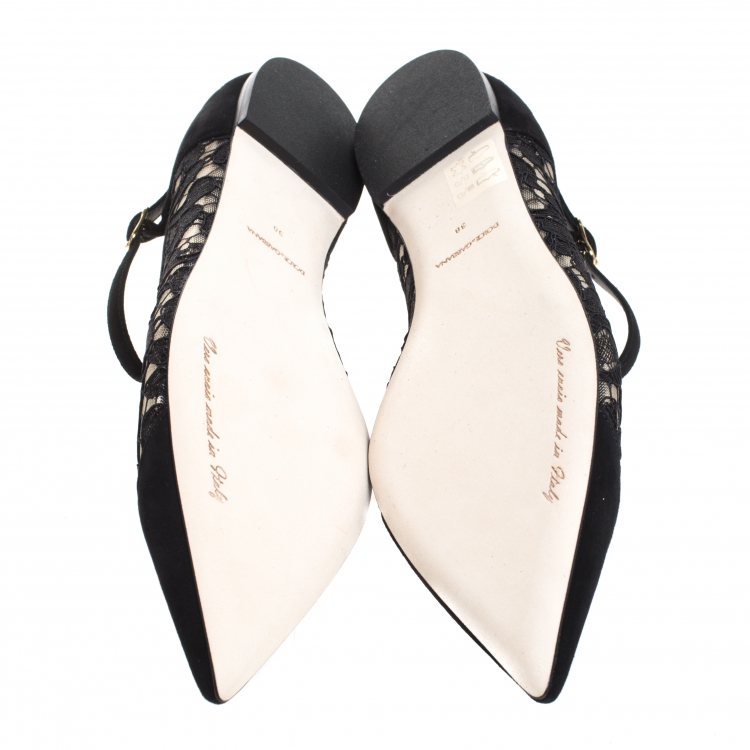 مملوكة مسبقًا Dolce and Gabbana Black Lace And Suede Mary Jane Pointed Toe Ballerina Size 38