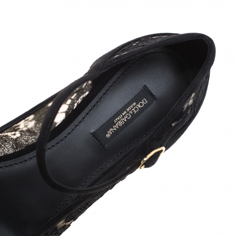 مملوكة مسبقًا Dolce and Gabbana Black Lace And Suede Mary Jane Pointed Toe Ballerina Size 38