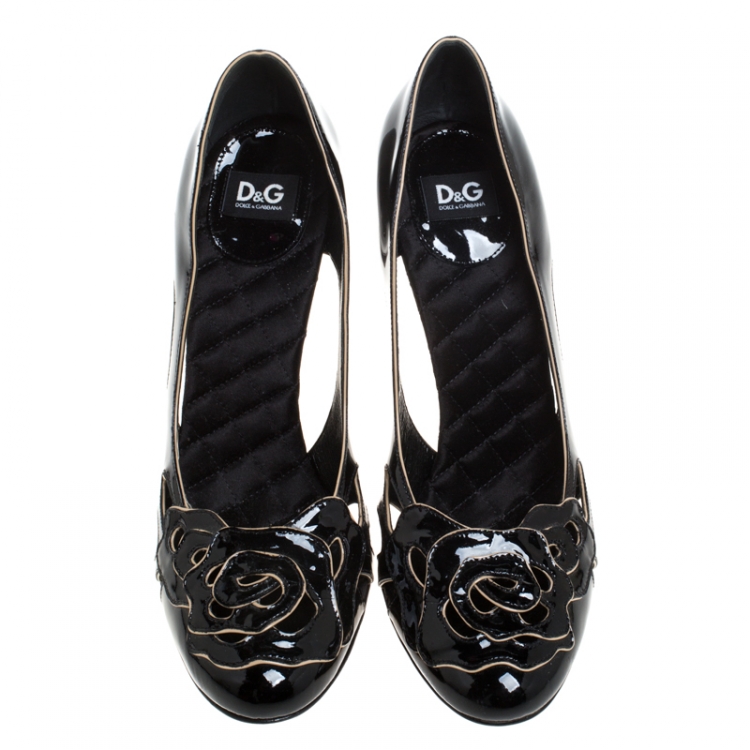 Pre Owned Dolce & Gabbana Black Patent Leather Flower Cut Out Pumps Size 40
