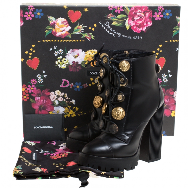 Pre Owned Dolce and Gabbana Black Leather Embellished Biker Platform Block Heel Boots Size 37